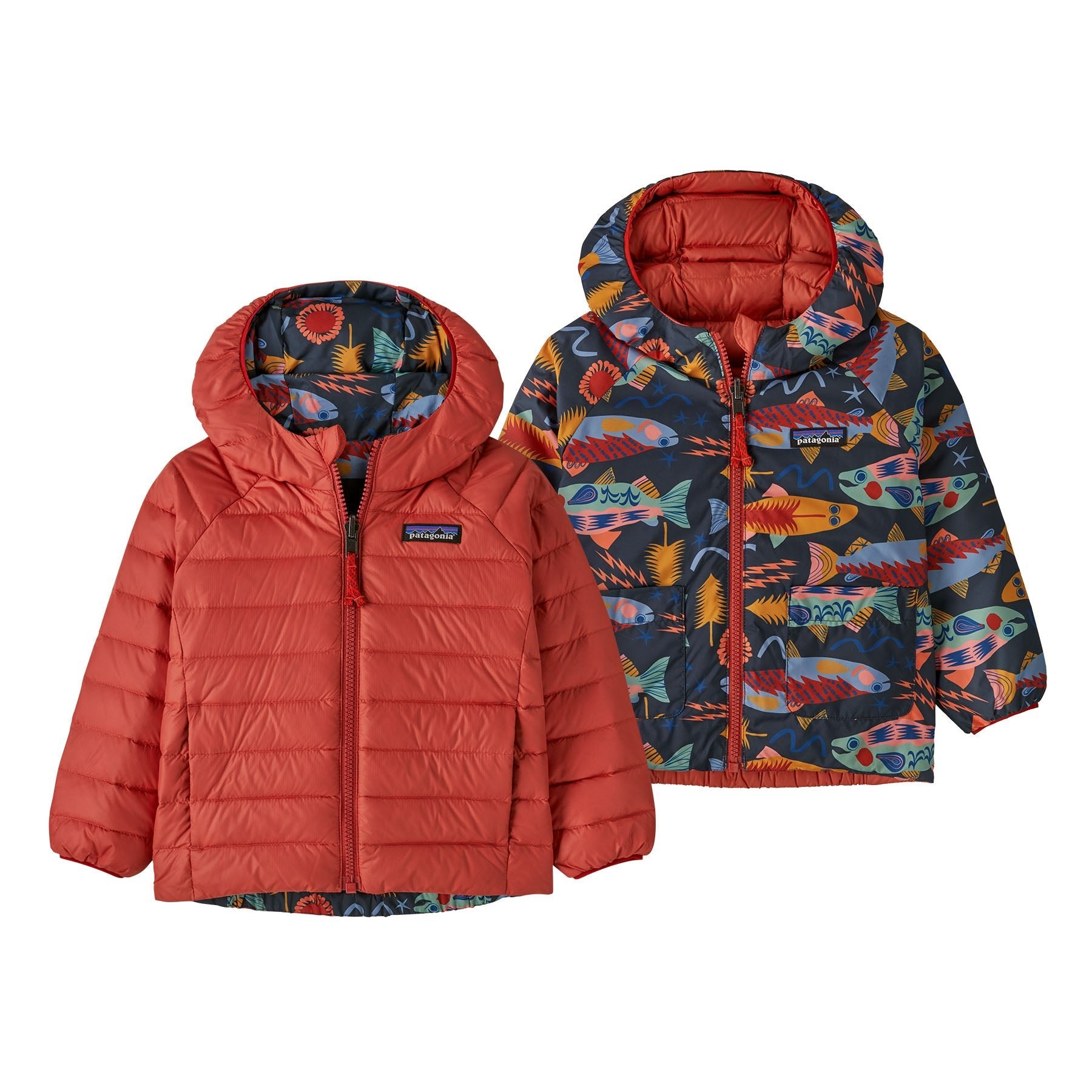 Baby Reversible Down Sweater Hoody in Salmon Energy: Ink Black | Patagonia Bend