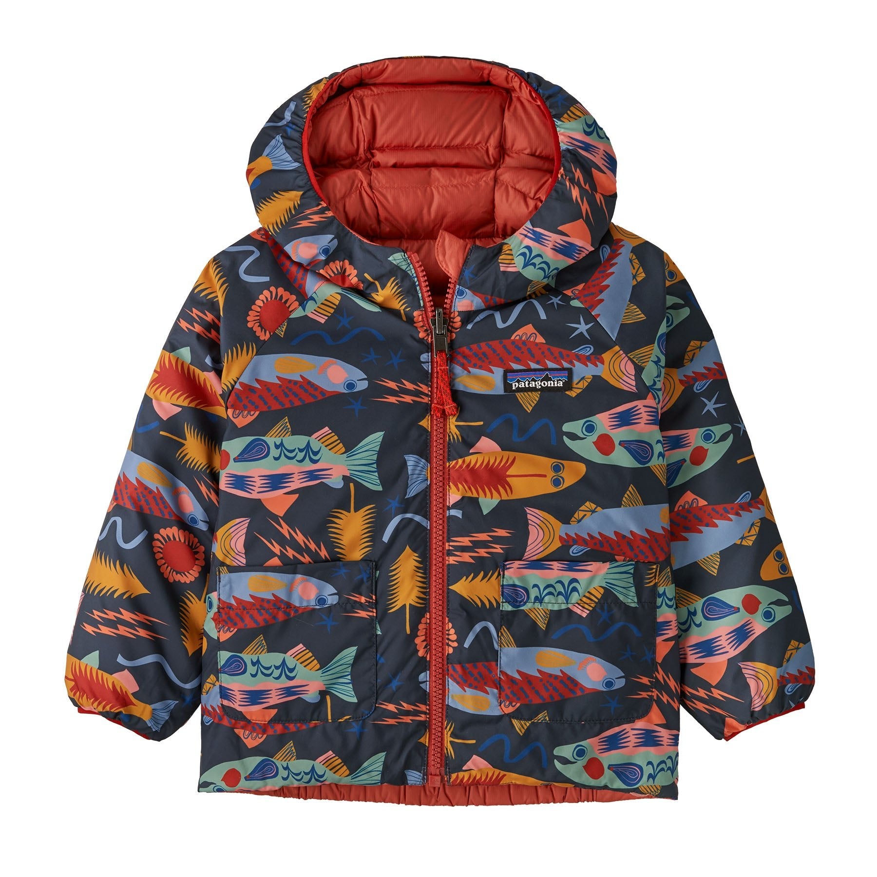 Baby Reversible Down Sweater Hoody in Salmon Energy: Ink Black | Patagonia Bend