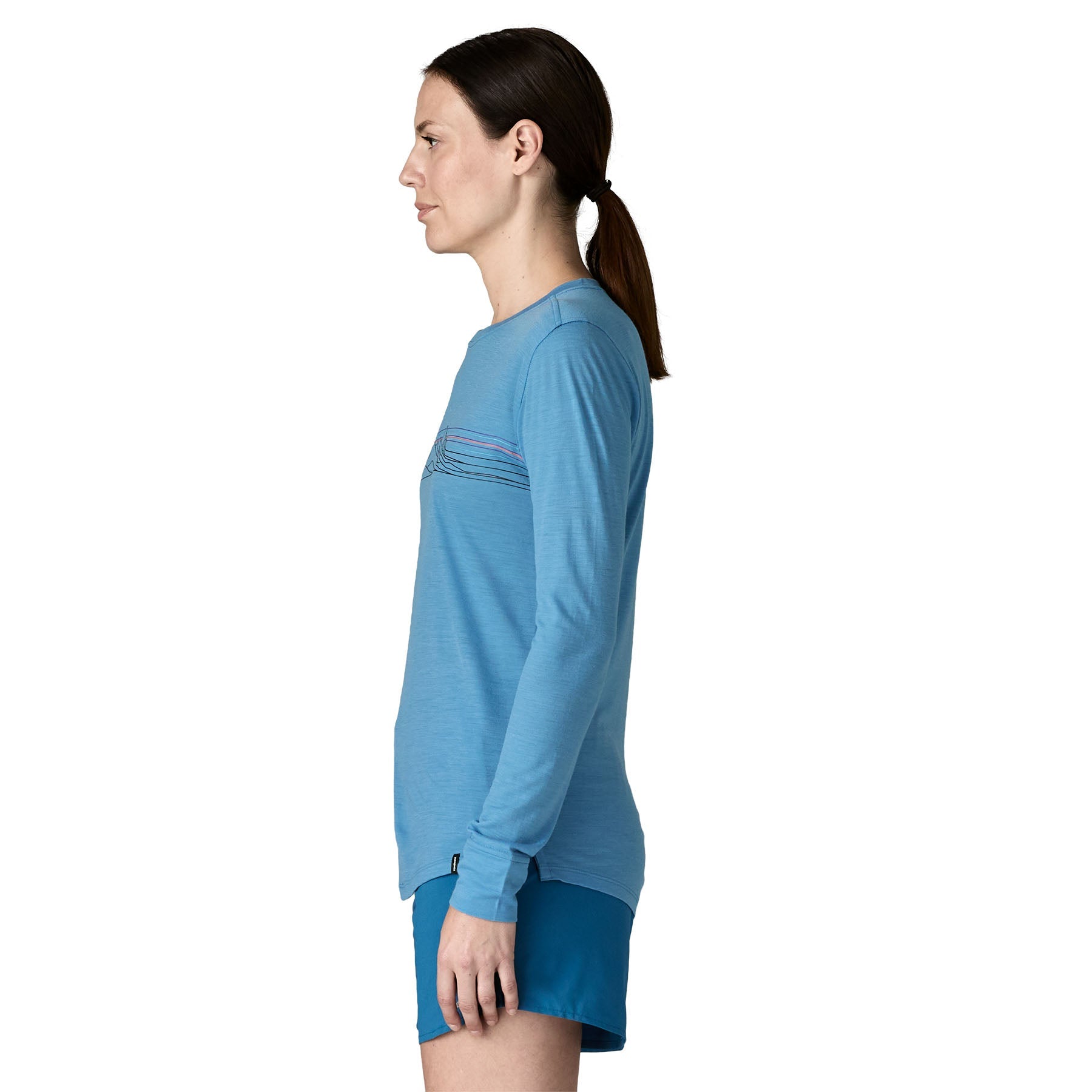 Women's Long - Sleeved Capilene® Cool Merino Blend Graphic Shirt in Strata Stripe: Shore Blue | Patagonia Bend