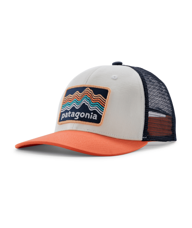 Kids' Trucker Hat in Ridge Rise Stripe: Coho Coral | Photo 1 | Patagonia