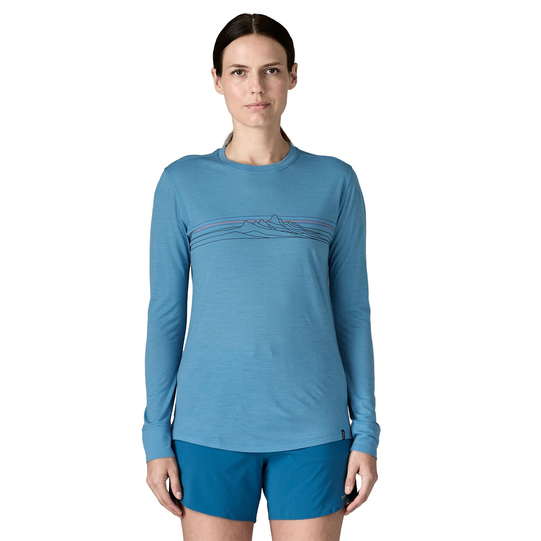 Women's Long - Sleeved Capilene® Cool Merino Blend Graphic Shirt in Strata Stripe: Shore Blue | Patagonia Bend